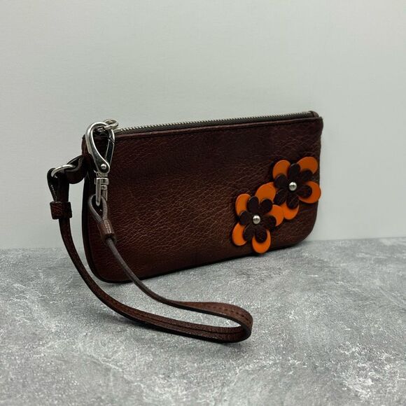 MIU MIU Brown Pebbled Leather Wristlet Purse Flower Trim Made In Italy - Picture 2 of 14